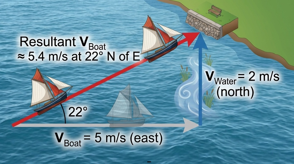 Tip-to-tail vector addition of the boat's velocity relative to the water (5 m/s east) and the water's velocity relative to the bank (2 m/s north), giving a resultant of approximately 5.4 m/s at 22° north of east