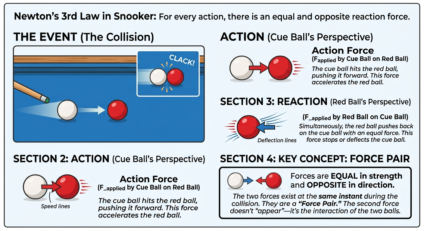 image explaining the interactions of two pool balls in relation to Newton's 3rd law of motion